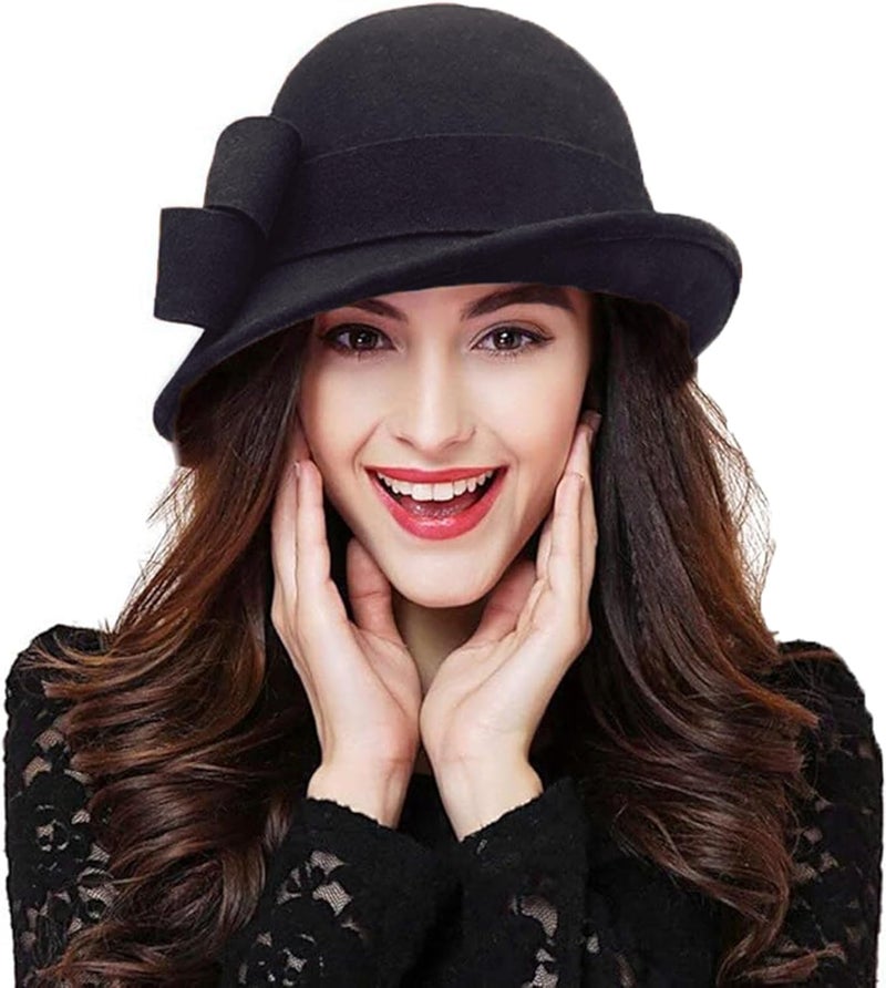 ORIDOOR Women Vintage Wool Felt Flowers Bucket Cloche Bowler Hat Church Wedding Dress Fascinator Hat Winter Felt Fedoras - Image 1